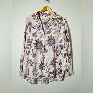 Rachael Zoe 100%‎ Linen Button Front Top Floral XL Lagenlook Beach Long Sleeves